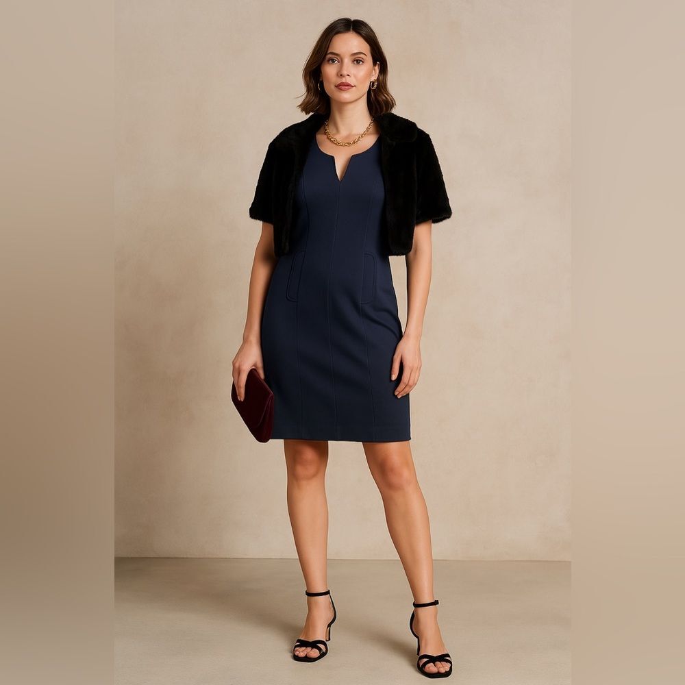 Boden Navy Sheath Dress Size 8 Mod Minimalist Short Sleeve Notch Neck Retro - Picture 2 of 11
